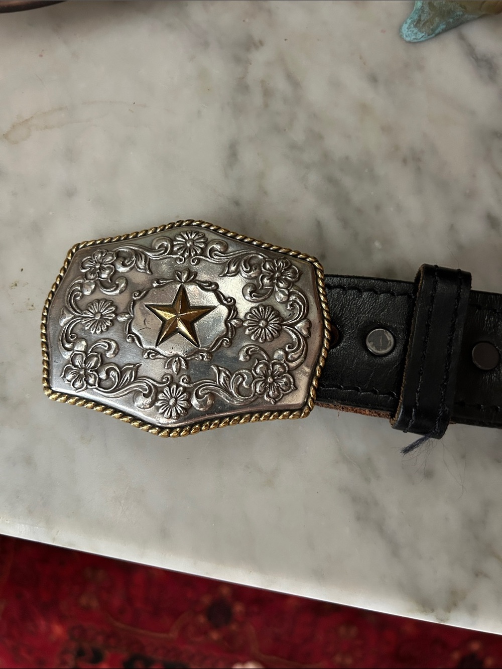Rustler Black Leather Western Belt with red, crème and black braided horsehair